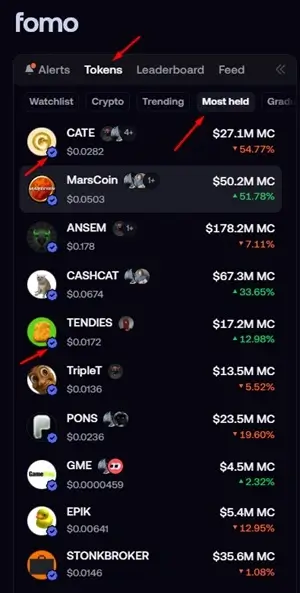 FOMO Solana app top tokens