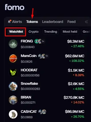FOMO Solana app watchlist