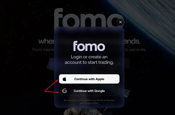 FOMO crypto app sign up
