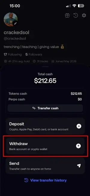 FOMO trading app explained withdraw