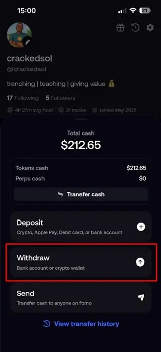 withdraw money deposit on fomo app