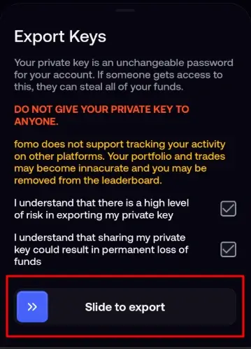 export keys on fomo app