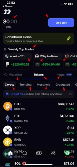 the FOMO App cryptos available