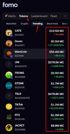 the FOMO App trending memecoins