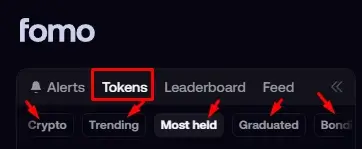 tokens section on Fomo app