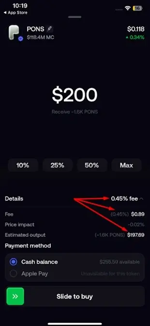 Fomo App trading fees