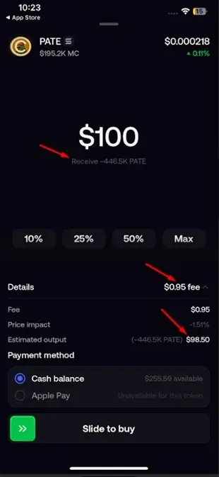 the Fomo App minimum fee